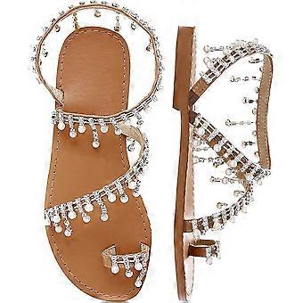 Kvinnors Böhmen Bling Rhinestone Pearl Flat Gladiator Sandaler tå Ring Klänning Skor