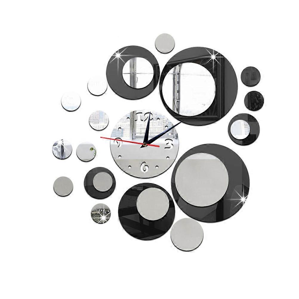 Black Mirror Wall Clock Acrylic Circle 3D Clock DIY Decor 2Pcs Pack