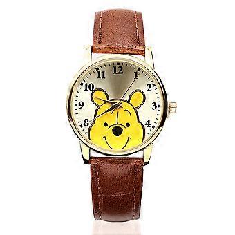 Winnie the Pooh Face Analog Watch with Brown Faux Leather Strap