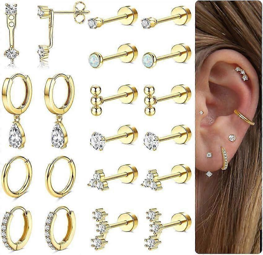 Hypoallergenic Flat Back Earrings Gold Cartilage Earring Sets  compatible with Multiple