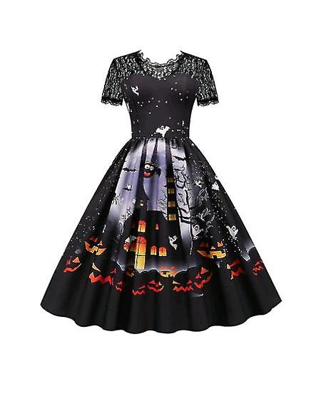 Módní nový design dámské šaty krajkové krátké rukávy tištěné halloweenské společenské šaty