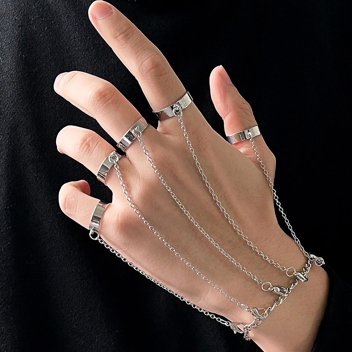 Punk finger link bracelet, silver, 8", adjustable open strap ring chain bracelet, cuffed slave brace