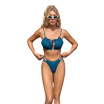 Veeki Women's Ribbed Strappy Self Tie Low Waist Bikini Set,Blue,S