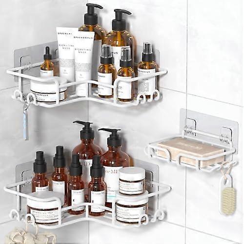 3-Piece Corner Shower Caddy Adhesive Wall Mounted Shower Organizer with Soap Holder and 12 Hooks, Rustproof Corner Shower Shelves, No Drilling