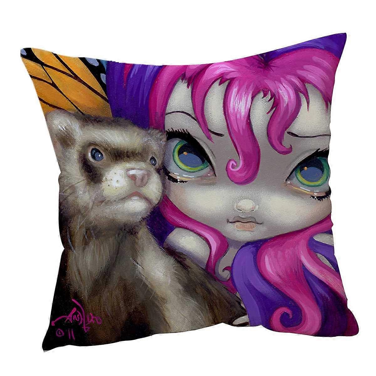 Faces of Faery #154 Purplish Girl With Her Ferret Cushion Cover
