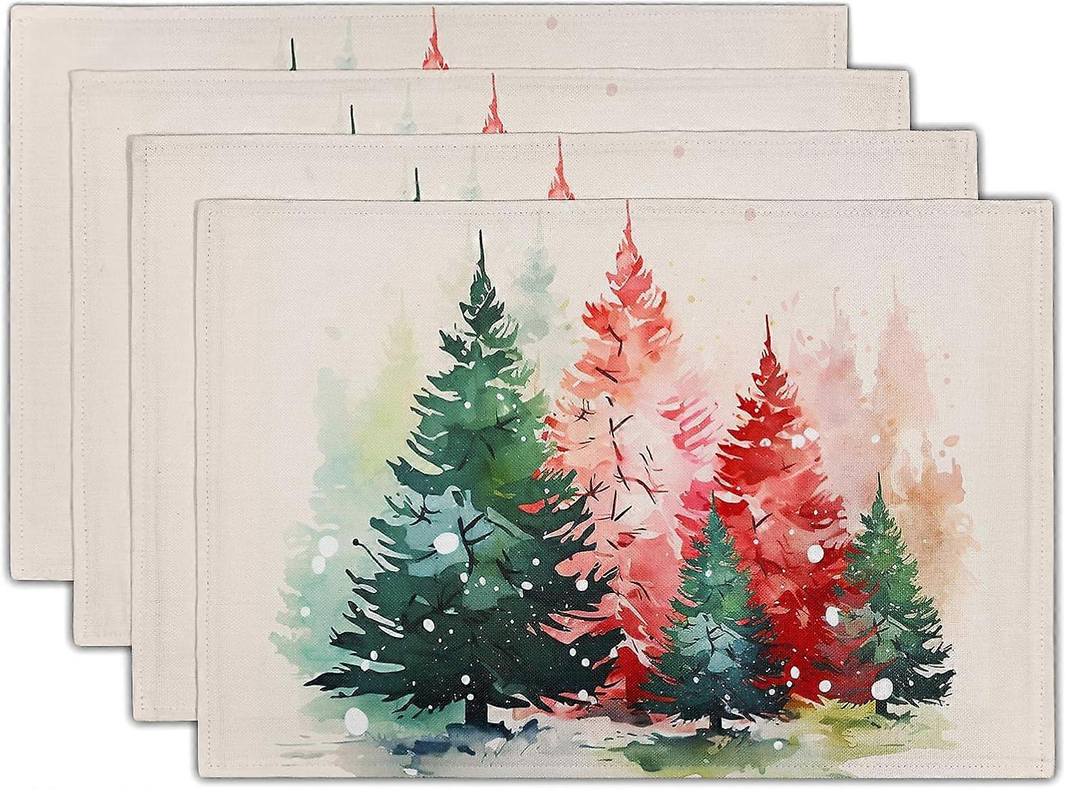 Christmas Tree Placemats Set of 4 for Dining Table, Colorful Xmas Pine Trees Snowflake Washable Non-Slip Heat Resistant Linen Fabric Place Mats 12x18 