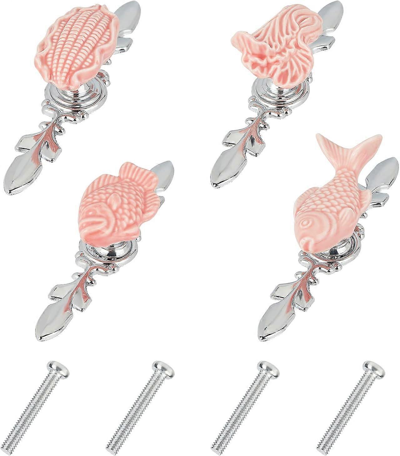 4Sets Ceramic Cabinet Knobs Creative Corn Cabbage Fish Cupboard Door Pull Handles with Zinc Alloy Finding and Mounting Screws for Kitchen Wardrobe Fur