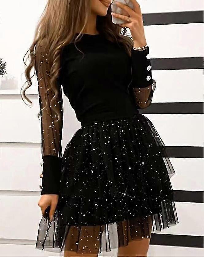 Dresses For Women Autumn Glamorous Chic Wedding Guest Glitter Long Sleeve  Layered Sheer Mesh Sweet Party A Line Mini Dress | Fruugo QA