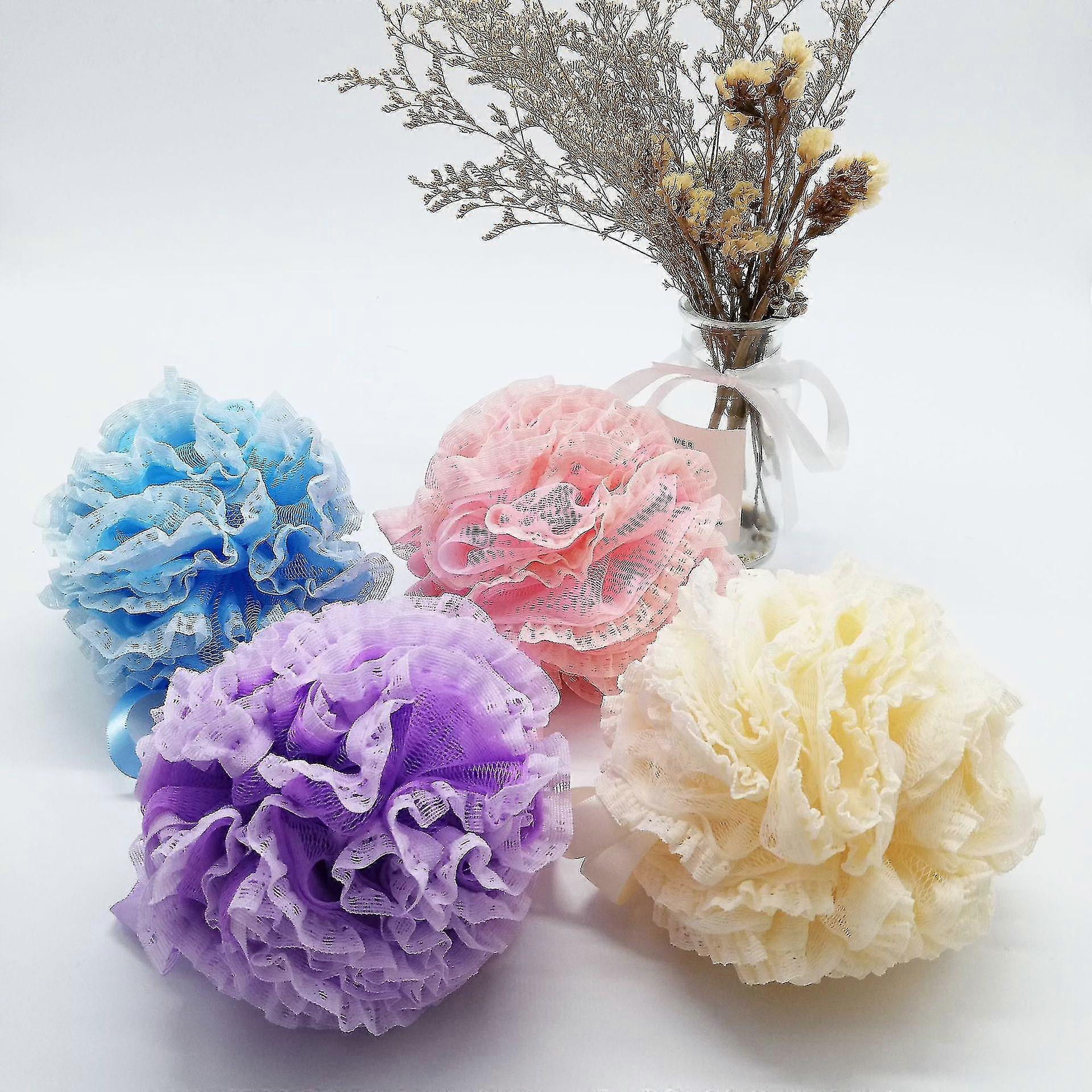Sxbd Bath-sponge Lace-mesh-set >> 2-scrubs-in-1 By Shower Bouquet: Large Full 60g Pouf (4 Pack Colors) - Exfoli