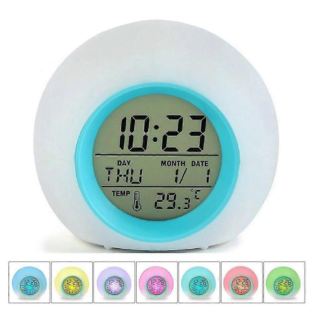 Led Wake Up Light Digital Electronic Alarm Clock With Indoor Temperature Calendar Display And Nature Sound - 7 Colors Changing Night Light