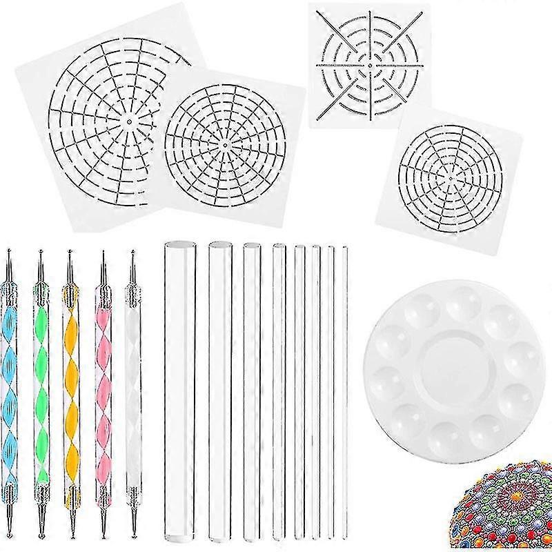 Mandala Art Dotting Tools 18 Set Including 4 Mandala Stencils, 8 Acrylic Rods, Paint Tray, 5 Double