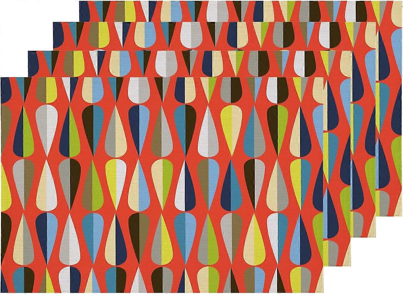 Red Geometric Retro Placemats, Blue Modern Colors Table Mat Linen Burlap Washable Double-Deck Heat Insulation for Dining Table Kitchen Table Set of 4