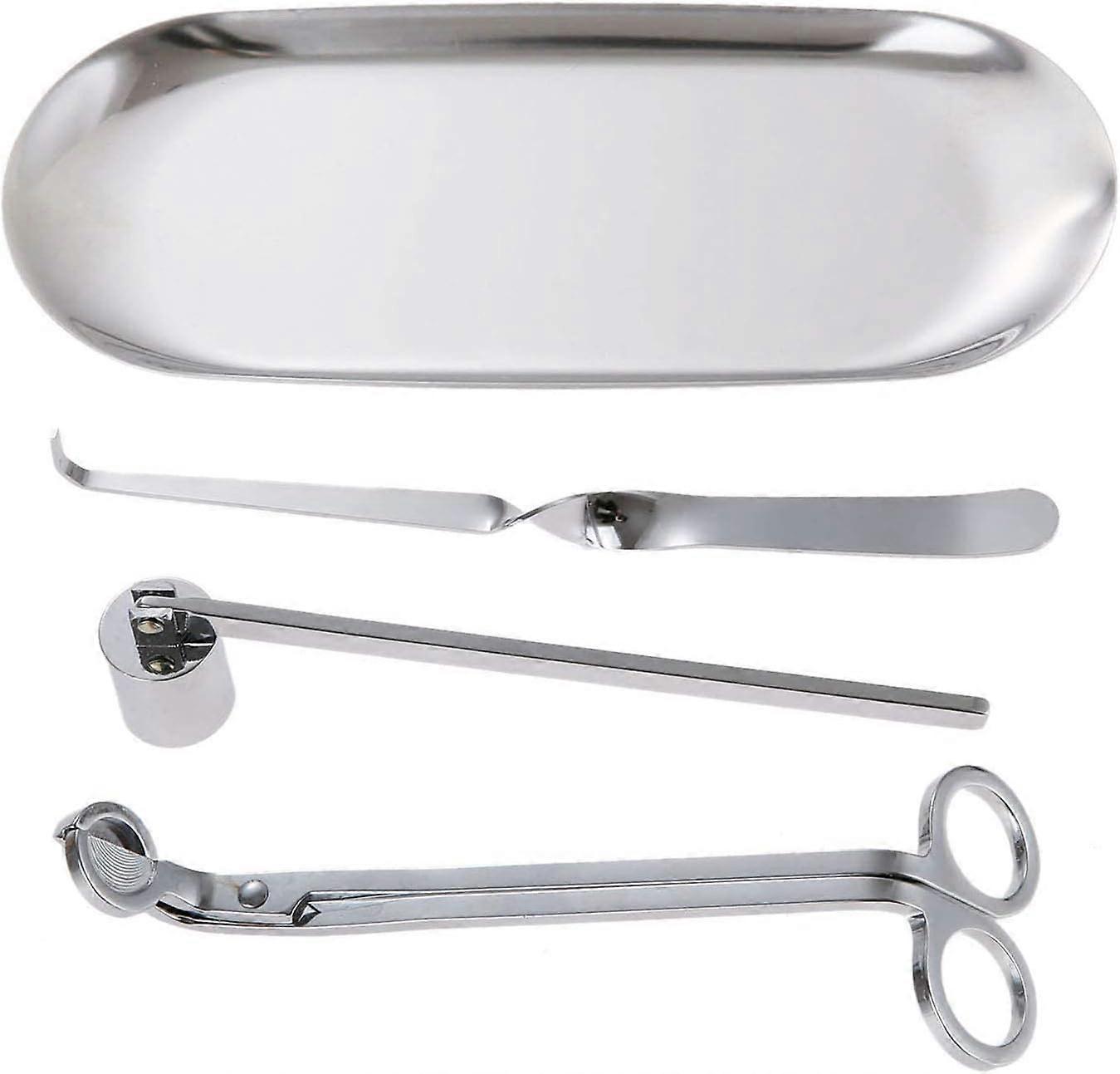 مقص شمعة ، ماكينة تشذيب فتيل الشموع ، صينية الشموع ومجموعة إكسسوارات الشموع بخطاف فتيل الشموع (فضي - 4 قطع)