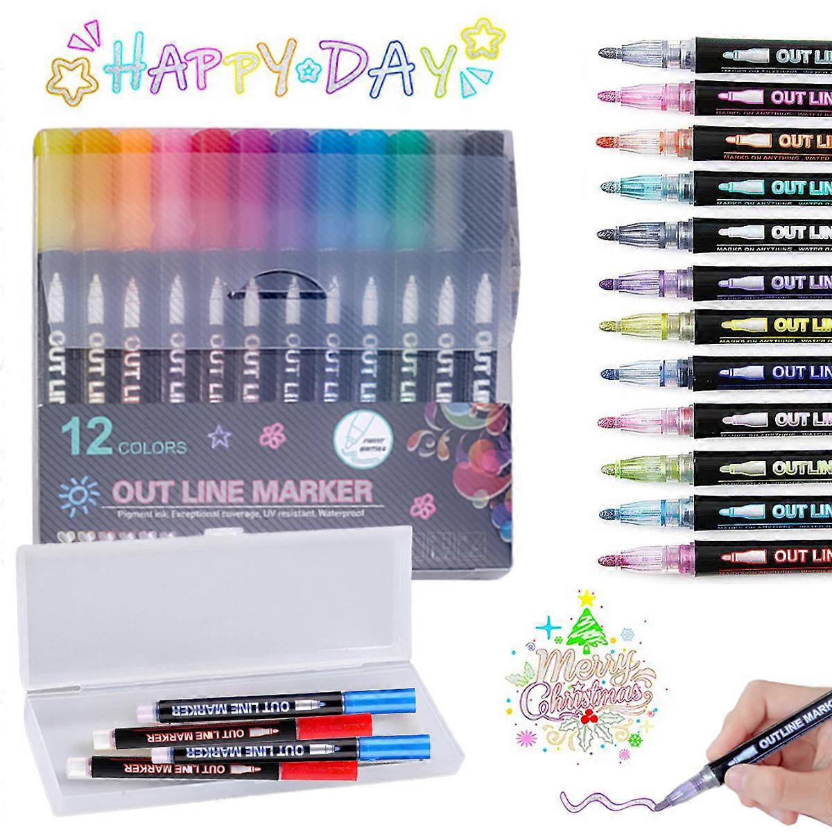 マーカーアウトラインダブルライン:12色メタリックグリッターペンセット落書き描画用品