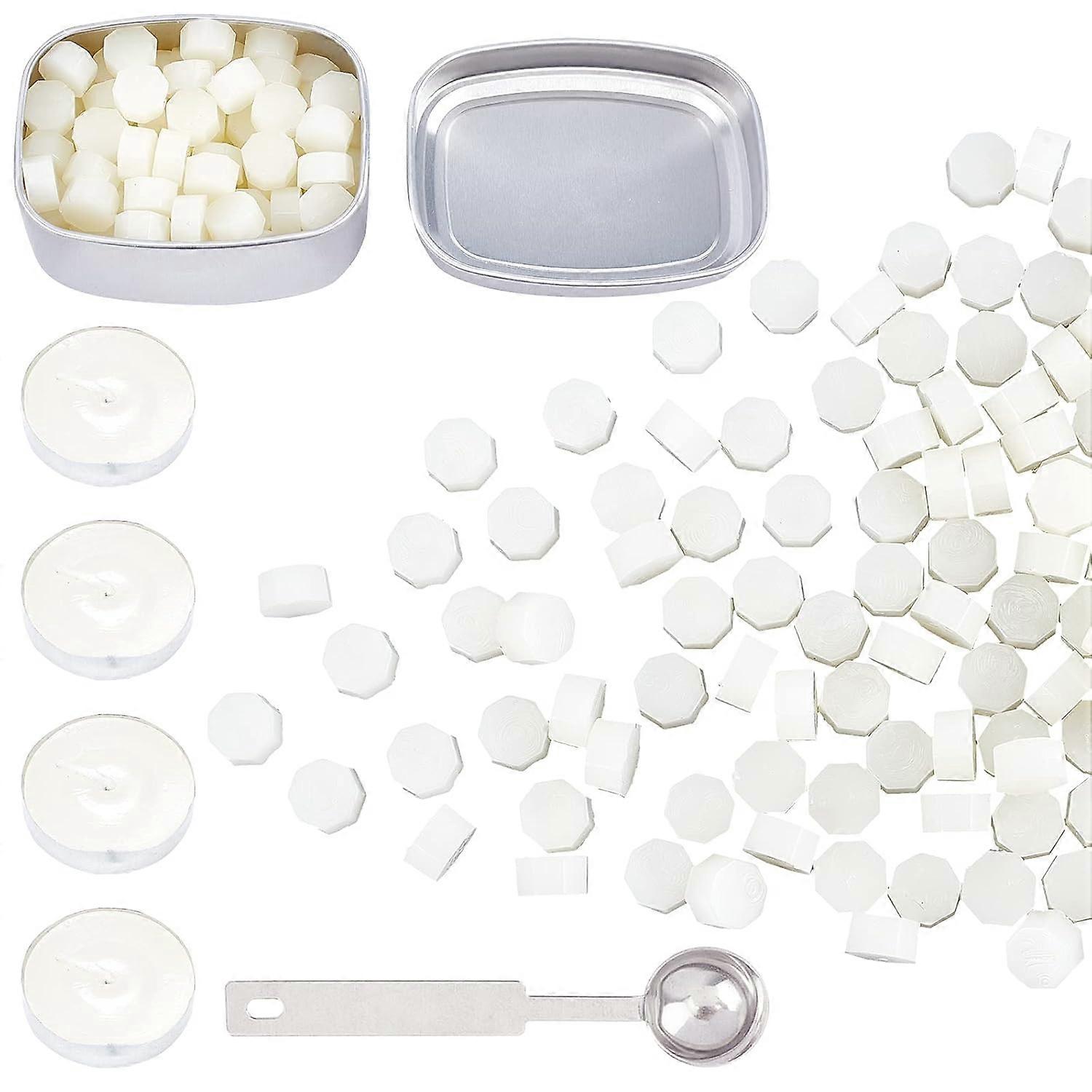 White Sealing Wax Beads Set Wax Seal Beads Kit Packed in Can with 4PCS Tealight Candles and Melting Spoon for Wax Seal Stamp Envelope Cards Invitation