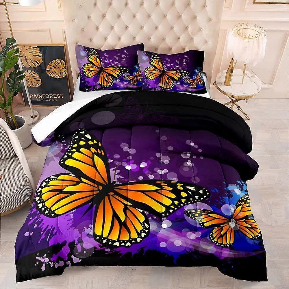 3D Purple Butterfly Comforter Full, Decorative Boho Beautiful Yellow Butterflies Print 3 Piece Super Soft Lightweight Comforter and 2 Pillow Cases