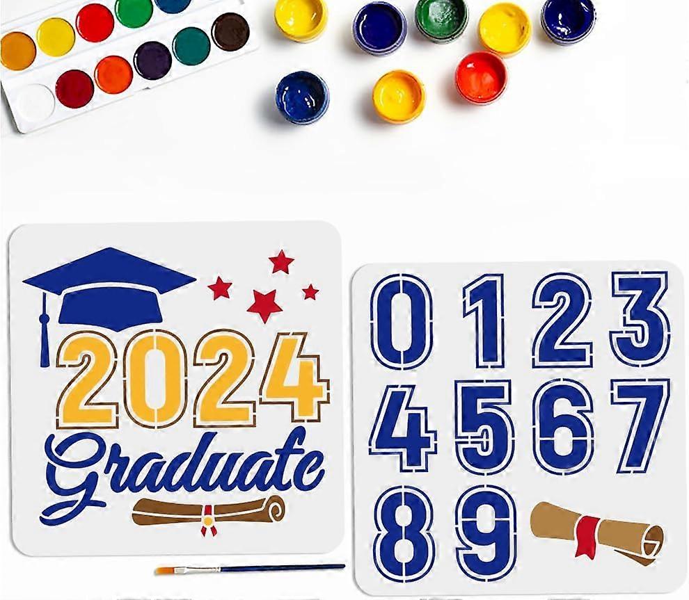 2pcs Graduates Stencils 11.811.8inch Large Graduation Theme Template with Painting Brush Graduation Cap Diploma 0~9 Number Drawing Stencil for Canvas