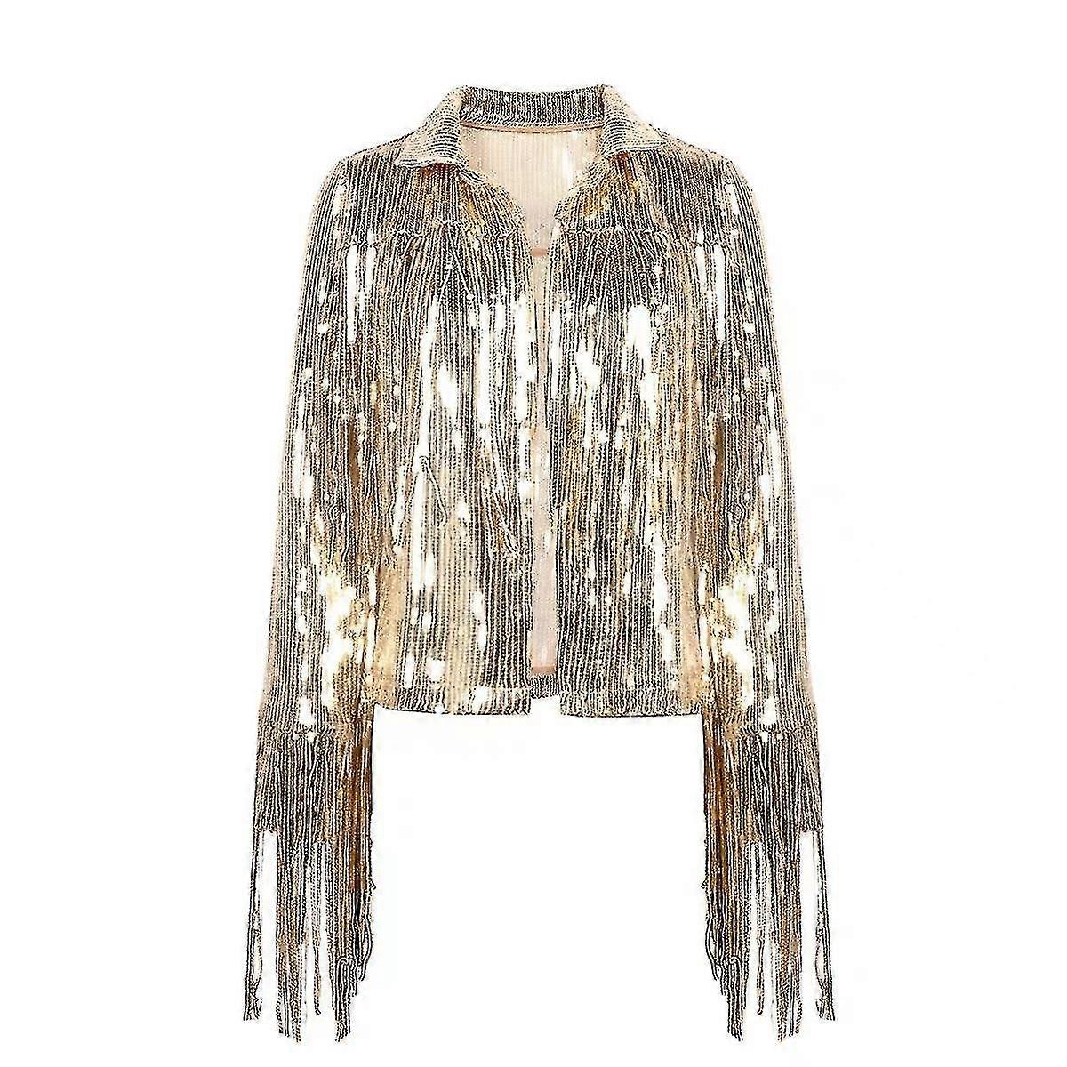 Women's Sequin Jacket With Tassel, Metallic Shiny Cardigan