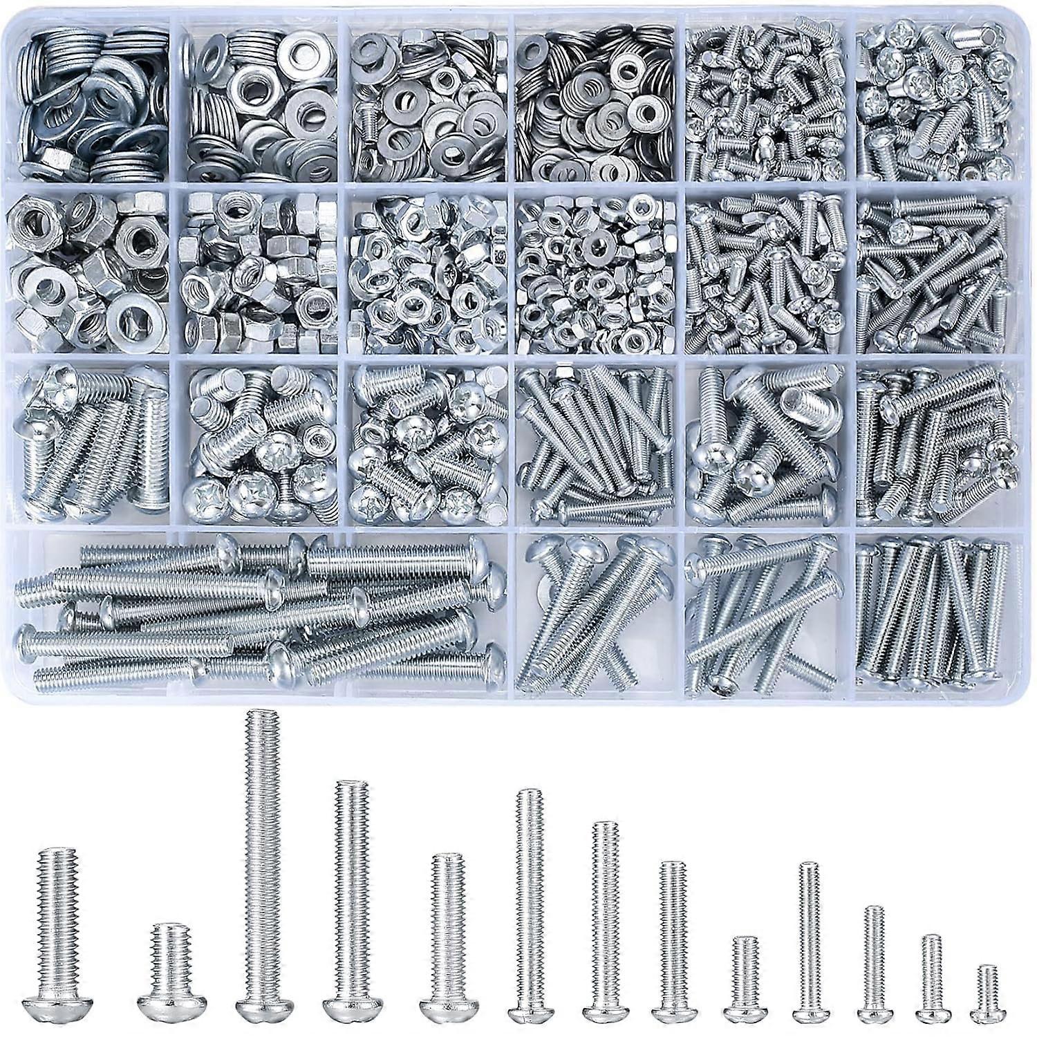 16 Sizes Round Head Screws Nuts Flat Washers Assortment Kit, M3 M4 M5 M6 Cross Pan Head Machine Screws and Hex Bolts and Nuts Sets