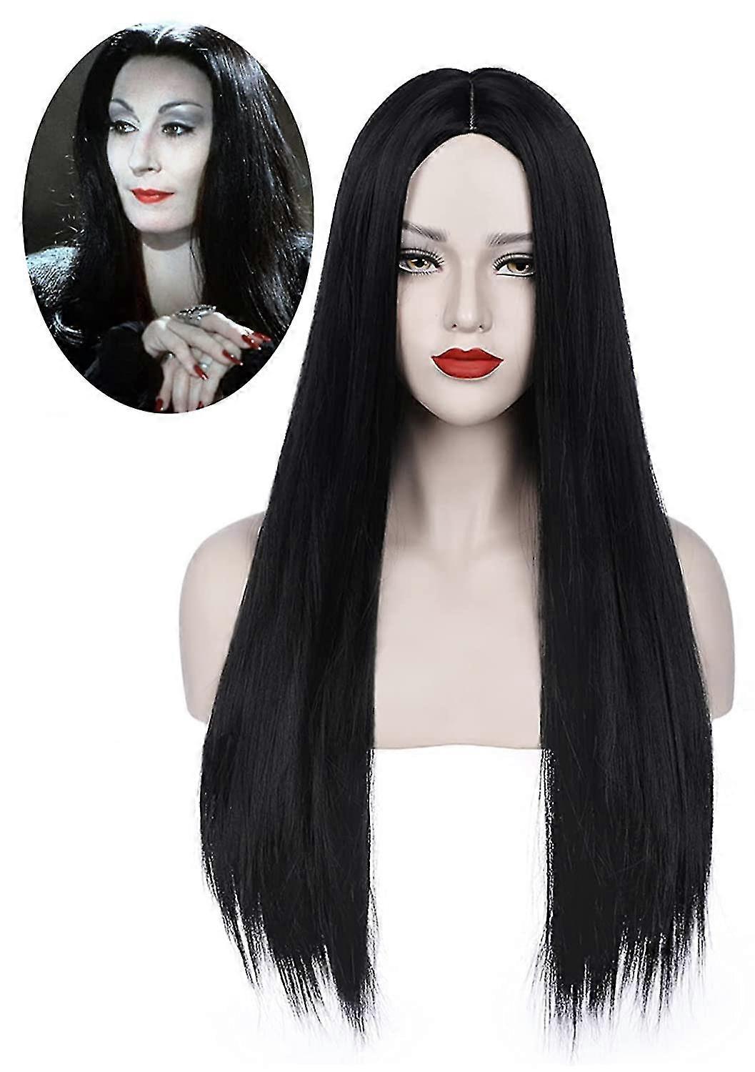 Dww-ブラックモーティシアアダムスかつらブラックかつらモーティシア衣装女性ストレートヘアかつらかわいいナチュラルソフトヘアウィッグキャップ付きカラー合成ウィッグD用
