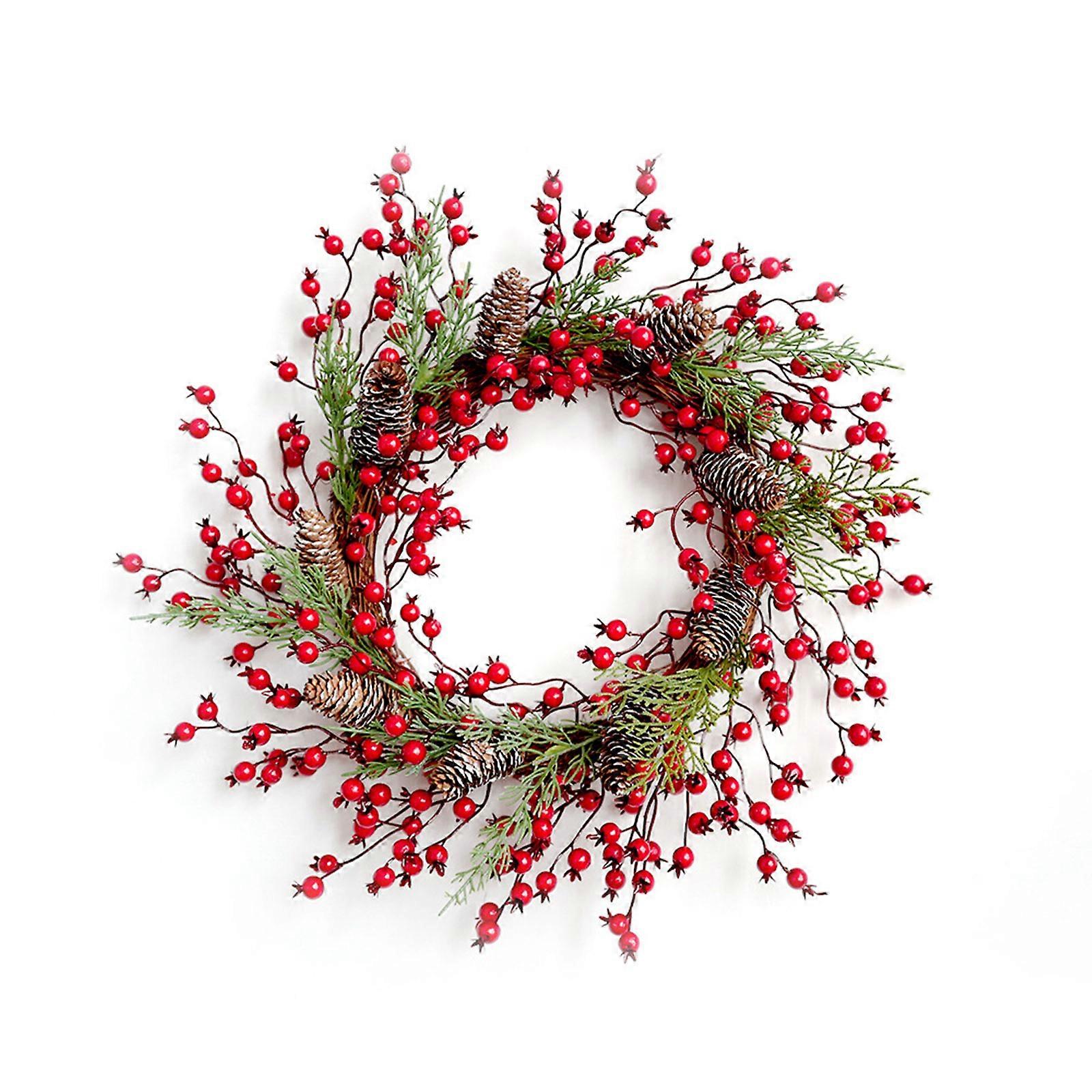Artificial Red Berries with Pine Cones Rattan Wreath Fake Greenery Leaves Christmas Halloween Artificial Garland for Front Door Rustic Home Hanging Wa