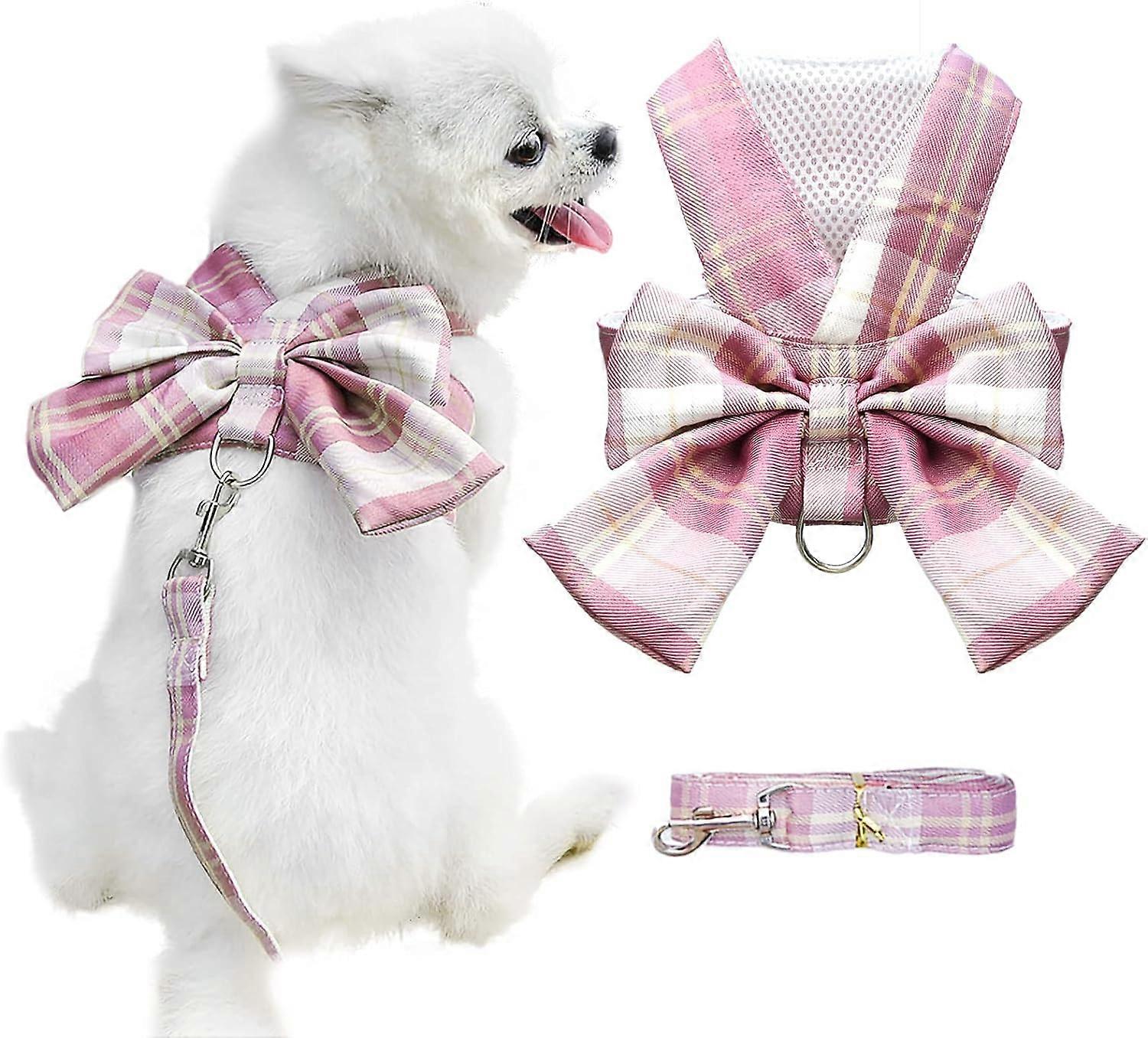 Dog Harness for Small Dogs with Bow Small Harness for Dogs with D-Ring Soft Mesh Adjustable Harness Set Puppy Pet Harness and Leash (Pink L)