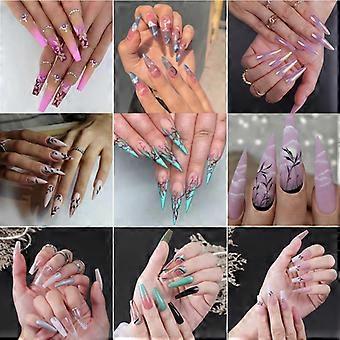 Pack of 9 (216 Pieces) Press on Nails Medium Design, Fake Nails Almond and Square Glue Nail Set Women's Nail File