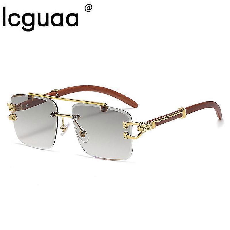 Punk Ξύλο Εκτύπωση Rimless Square γυαλιά ηλίου Γυναίκες Luxury Brand Designer Gold Lion Διακόσμηση Καπνός γυαλιά ηλίου Άνδρες