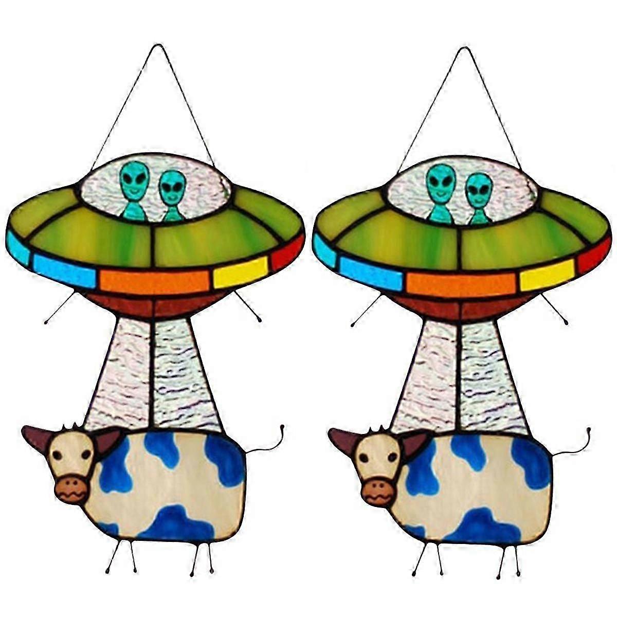 2pcs UFOアブダクション牛ステンドグラスサンキャッチャーUfoステンドグラスサンキャッチャーUFO牛ハンギンググラス