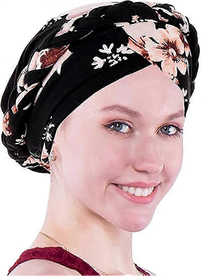 Süt İpek Baskılı Örgü Başlık Kapak Saç Kaybı Kapüşonlu Şapka Bükülmüş Örgü Başlık (Siyah1)