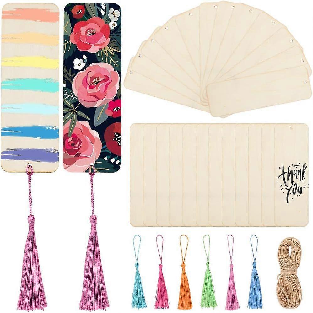 30 Sets Wooden Bookmark Blanks 6 x 2 Inch Unfinished Wood Bookmarks with Tassels Jute Cord Rectangle Hanging Tags Book Marks Making Kits for DIY Craft