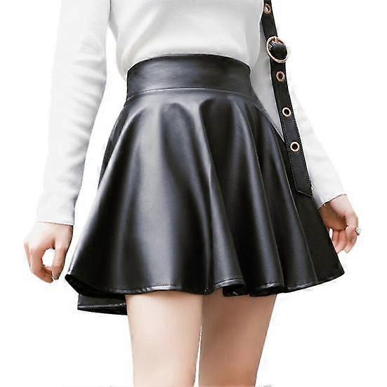 Women Faux Leather Skirt High Waist Elastic Waist Solid Color Soft Pleated Skirt Breathable Smooth Above Knee Length Club Nightclub Short Mini Skirt