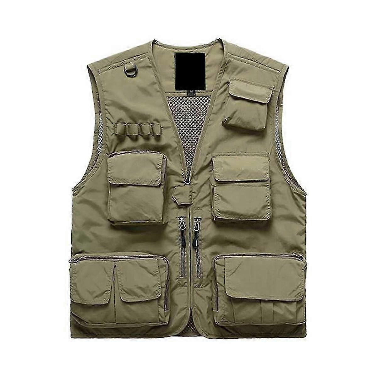 Multifunktionell Fiskeväst för män Mesh Lös Jacka Utomhus Multi Pocket Fotografering Fiskväst Khaki Xl