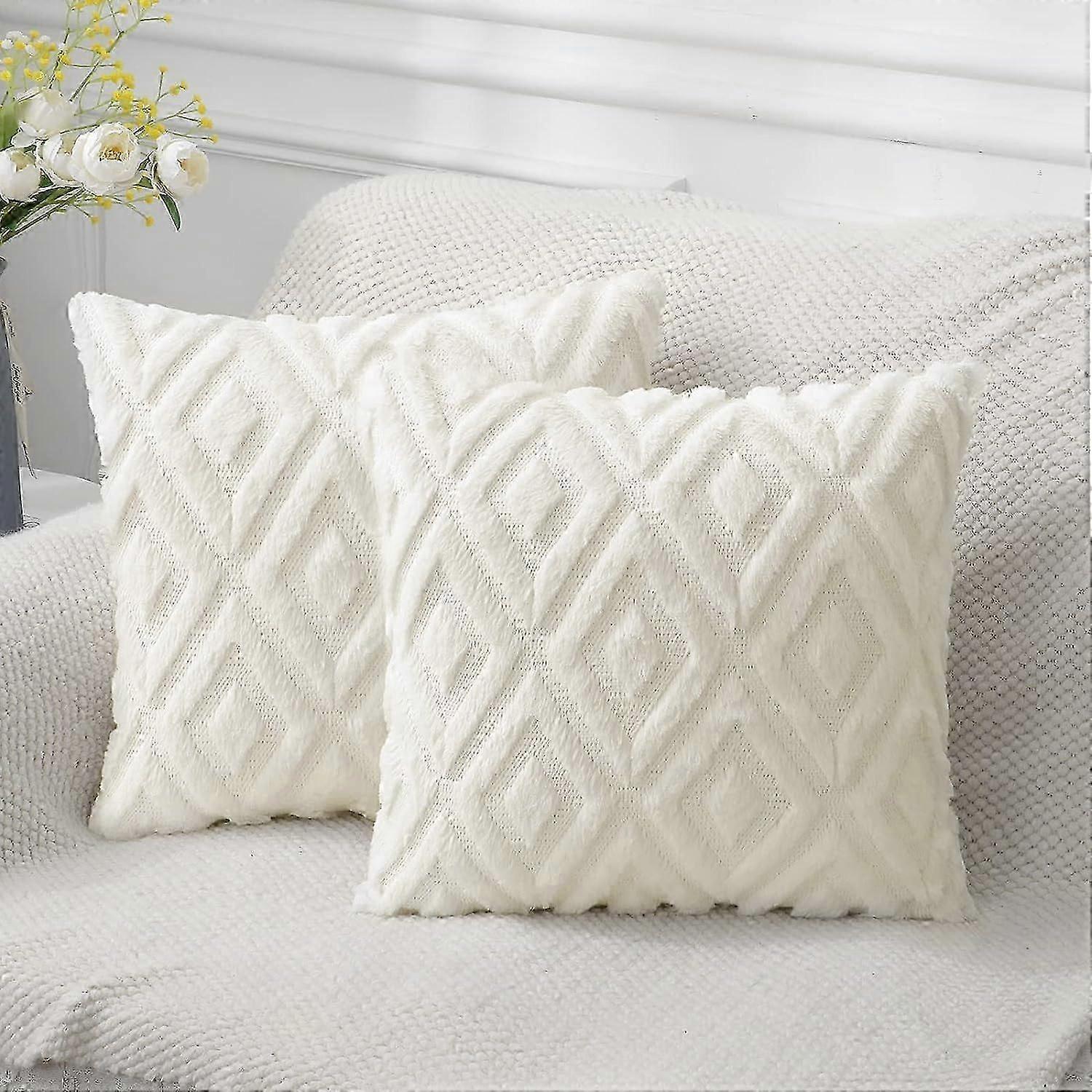 Soft artificial fur pillowcase 20x20- plush short wool velvet decorative pillowcase - living room sofa pillowcase set of 2 pieces - cream white