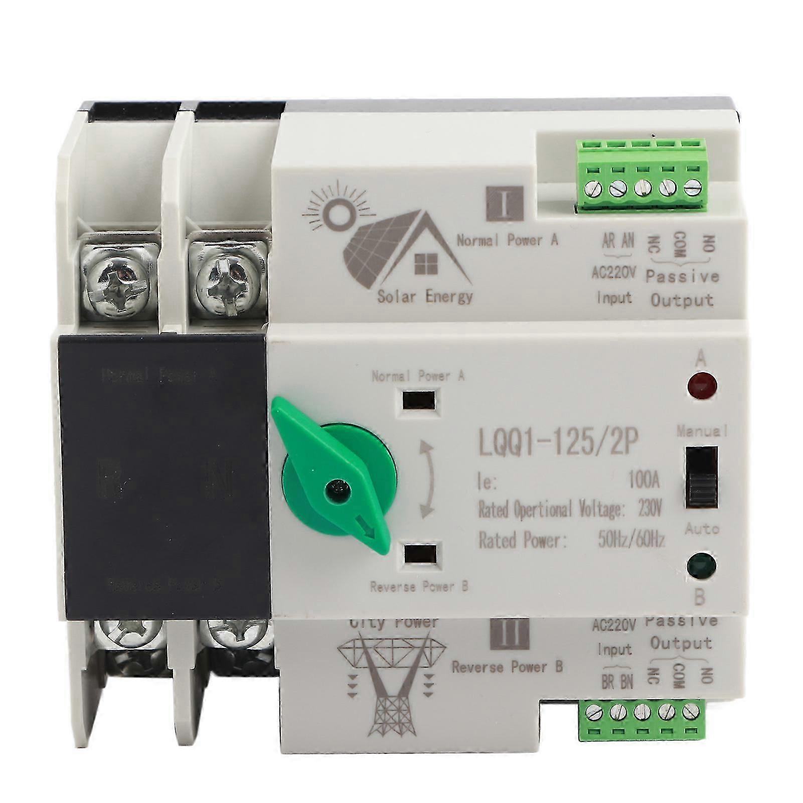Dual Power Automatic Transfer Switch 2P Millisecond Circuit Fast Controller AC230V 100A Household PV