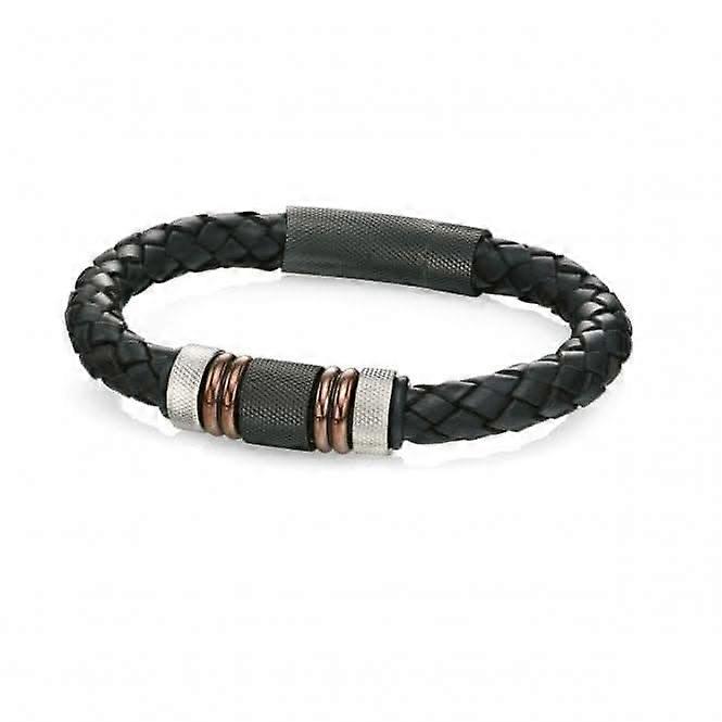 Fred Bennett Stainless Steel Black Leather Woven Bracelet B4377