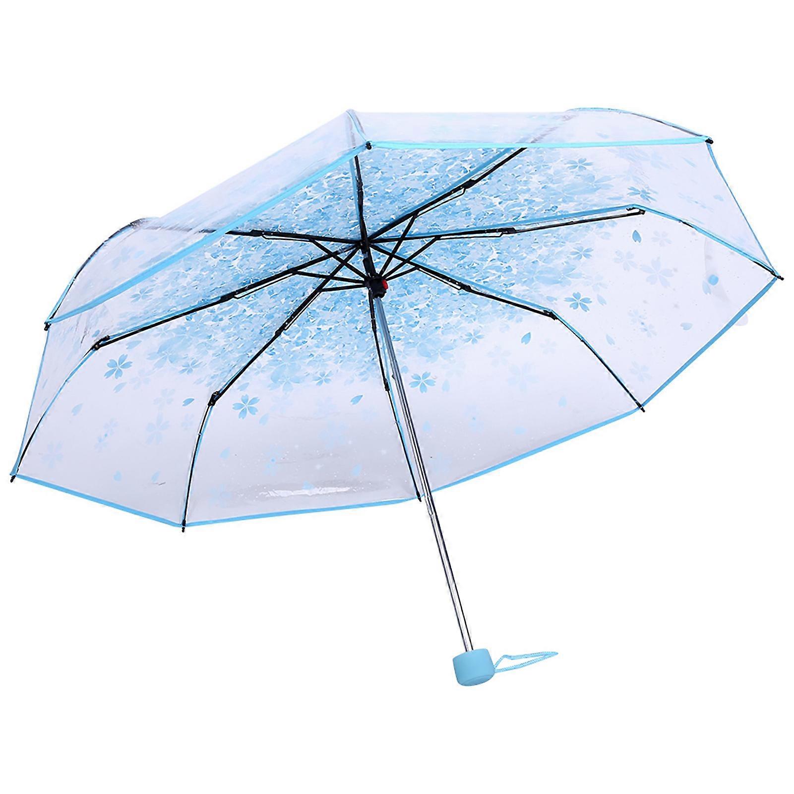 1 x Fashion Transparent Folding Umbrella Princess Cherry Blossom Pattern Blue