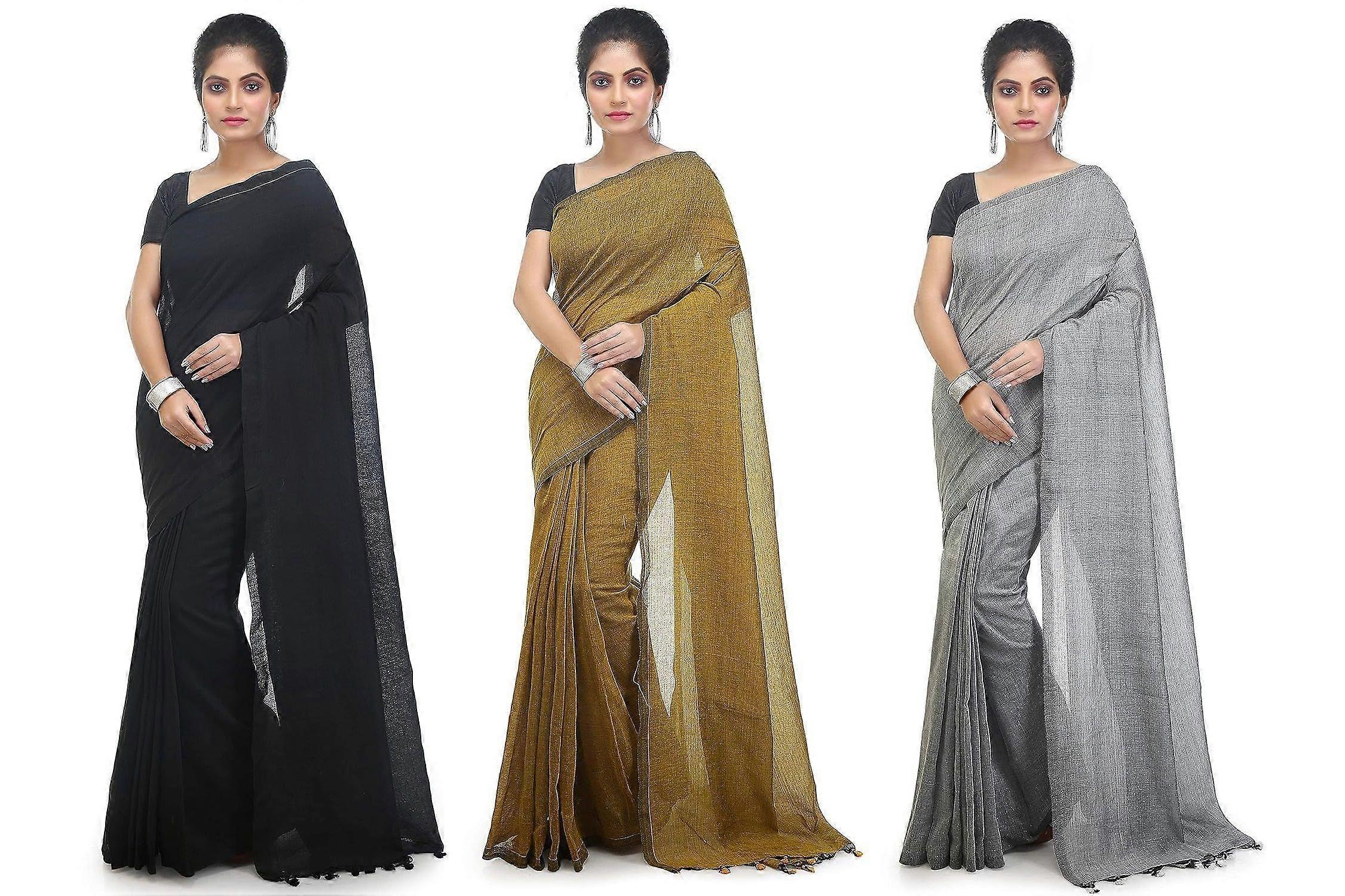 BRYNBRIT Women's Soft Handloom Cotton Sari 3 Pieces Set For Every Occasion