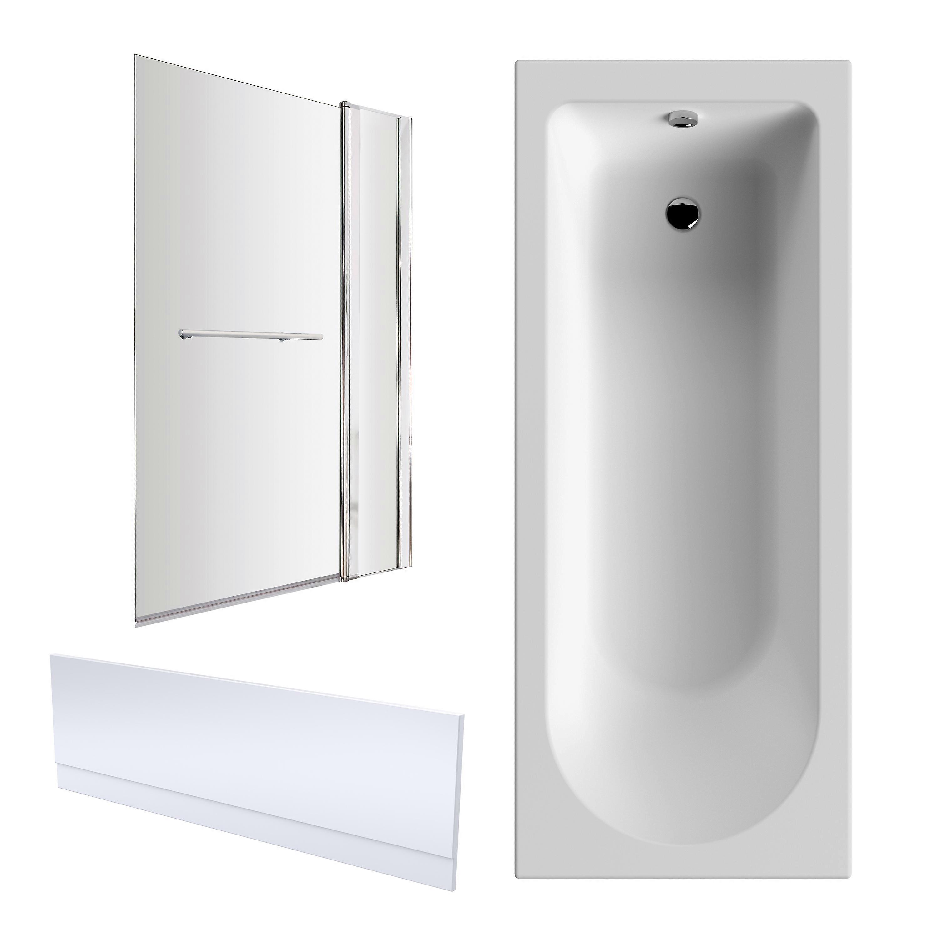 Round Single Ended 1700x700 Shower Bath Set - Front Panel, Screen with Fixed Panel and Rail - Chrome