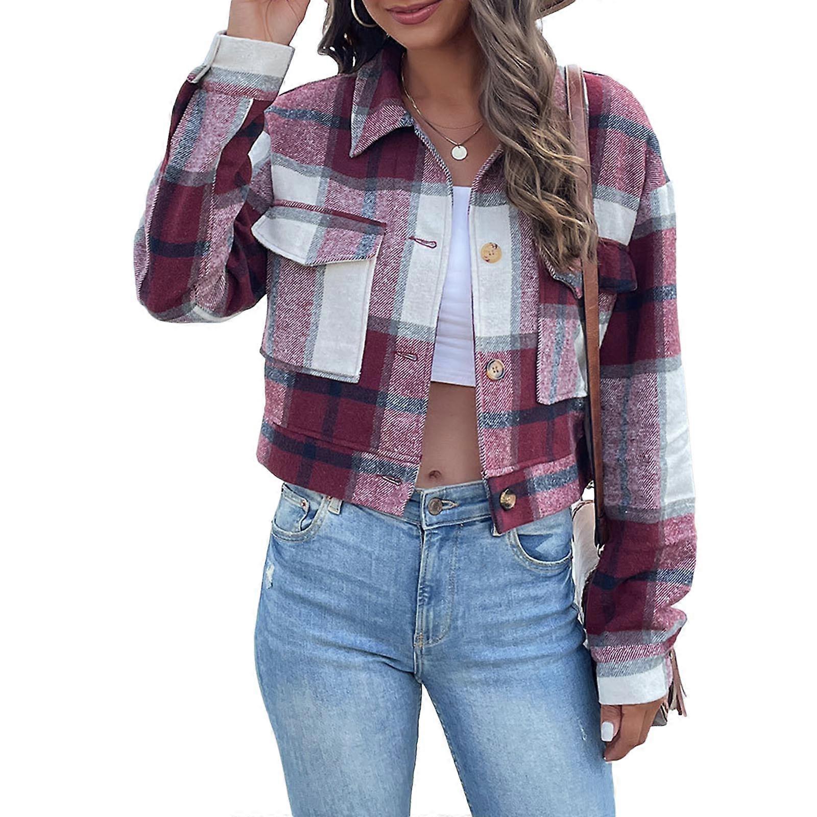 Donna Plaid Shacket Giacca Manica Lunga Bottone Giù Camicie Spesse Moda Cappotti Invernali Tasca Corta Top Borgogna XL