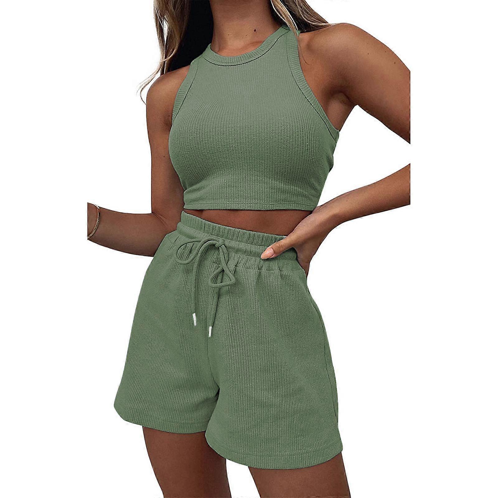 Donna 2 Pezzi Abiti Lounge Set Coordinati Due Pezzi Maglia Crop Top e Pantaloncini Vestiti Alla Moda Vacanze Estive Tuta Verde Chiaro M