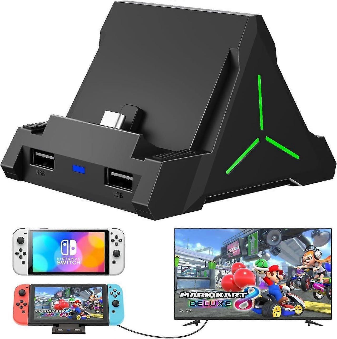 TV Dock Station for Switch/Switch OLED, Switch TV Dock with 4K HDMI/USB C/USB 3.0 Port, LED Beathing Atmosphere Light and can Hold 4 Game Slots, Repla