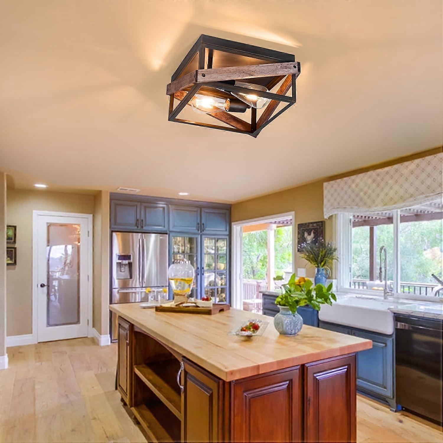 2-Light Rustic Ceiling Light Fixture, Farmhouse Flush Mount, Metal and Wood Square  Lamp, image size:1500x1500