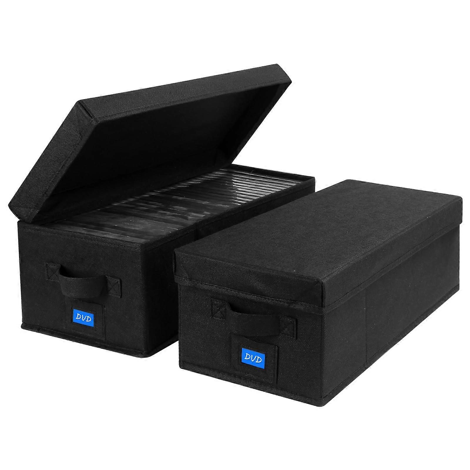 DVD Storage Box with Handles and Lid – DVD Case Holder with External Label Slots, 2PackBlack