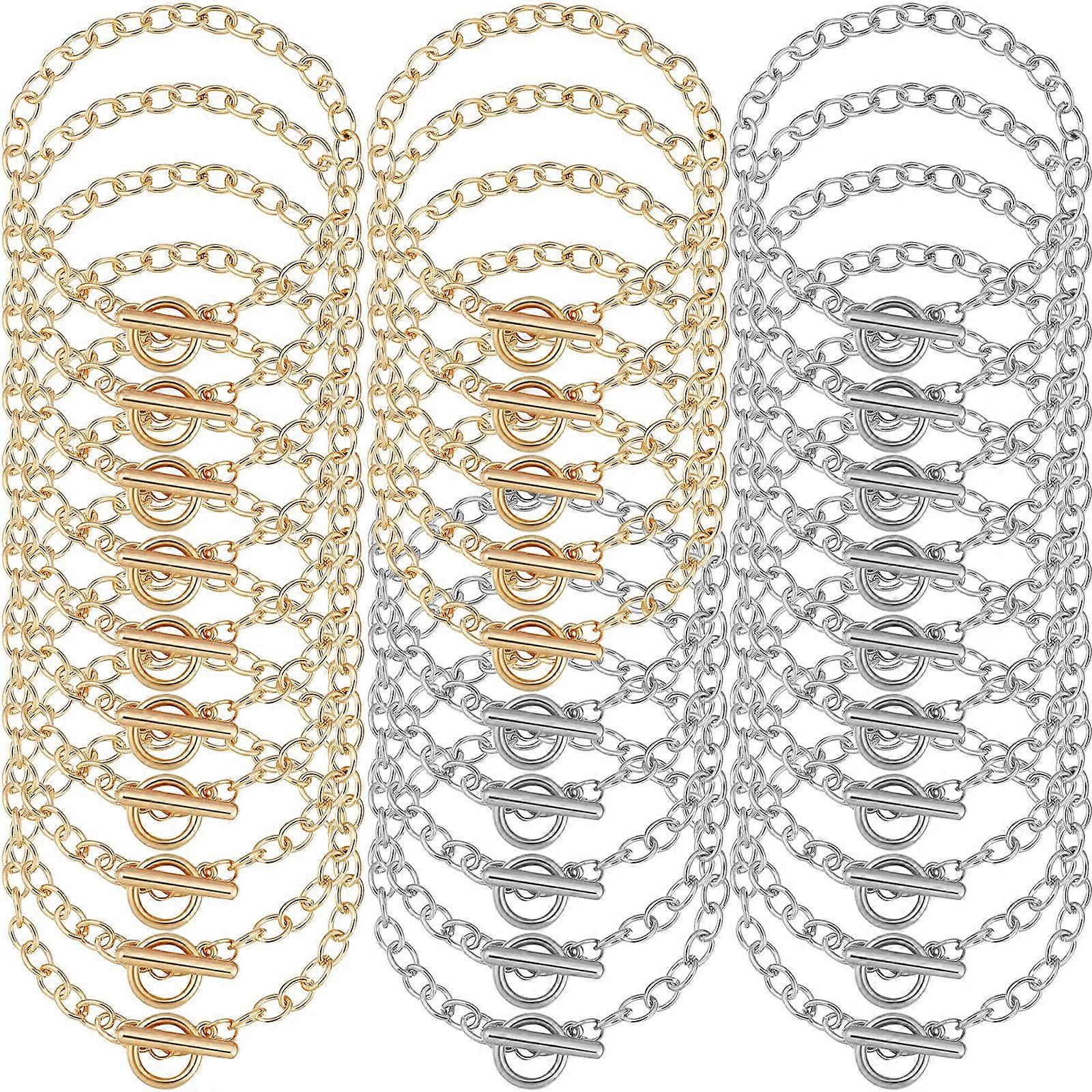 30 Pieces Bracelet Chains with OT Toggle Clasp for DIY Jewelry Making, Round Link Chains in Gold and Silver for Women