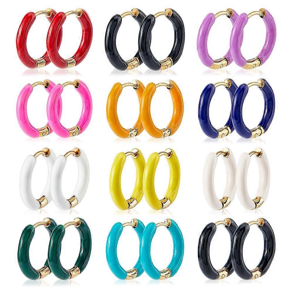 24Pcs 12 Colors Colorful Enamel Hoop Earrings Golden Huggie Hoop Earrings