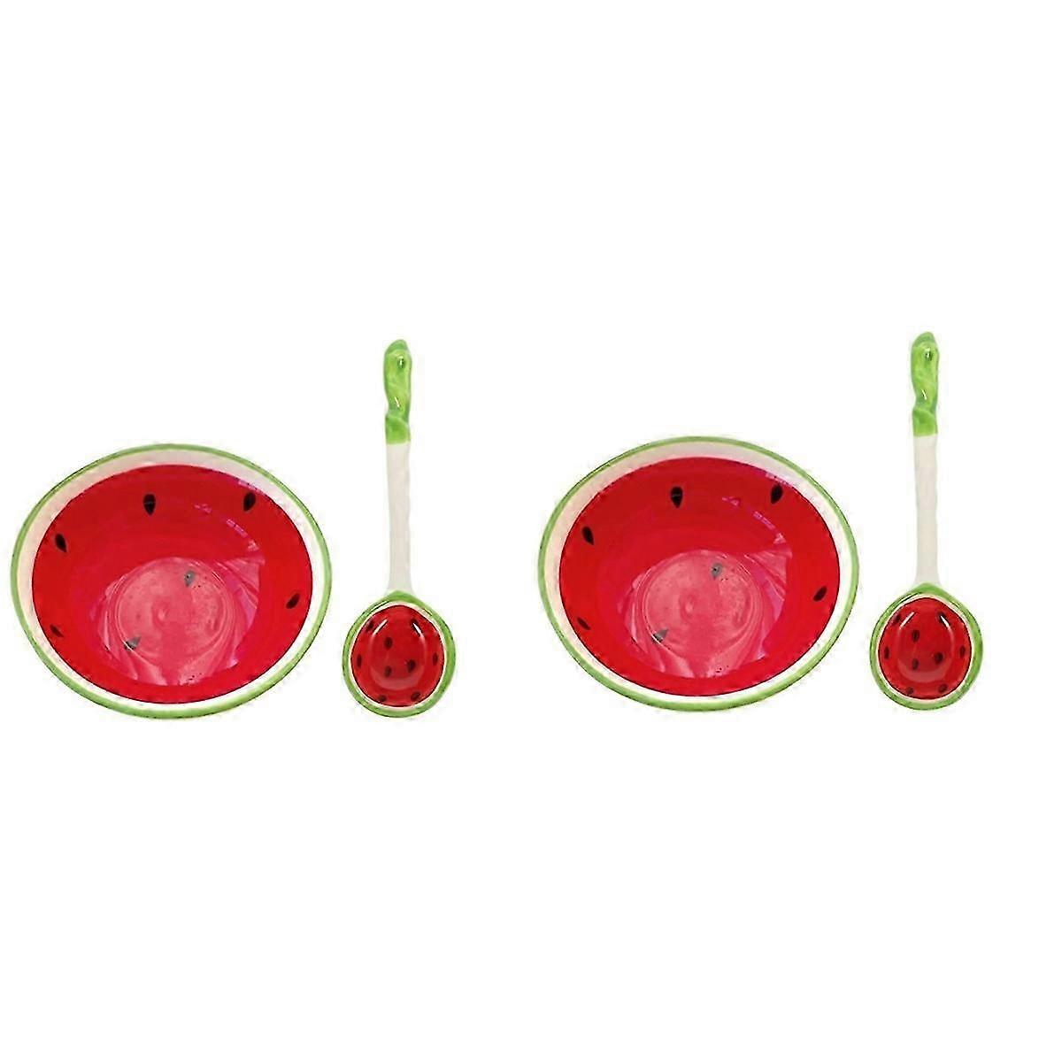 2 Set of Cereal Bowl Cereal Spoon Ceramic Spoons Ramen Soup Spoons with Handle Fruit Pattern Serving Spoon, A