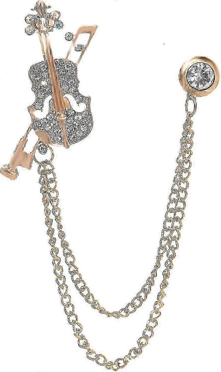 ゴールドシルバーメッキローズフラワーバイオリンスターブローチピンクリスタルチェーン付き