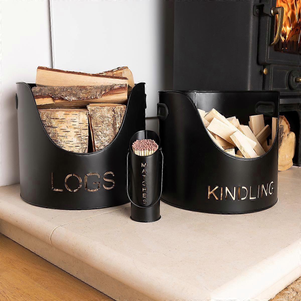 CHARLES BENTLEY Fireplace Set, Snug, Hickory, Fireside Set, Large Wood Bucket, Small Kindling Bucket, Matchstick Holder, Matte, Fireplace Essentials, Handle, Match Lighter, Word Detailing (36x36x31cm)