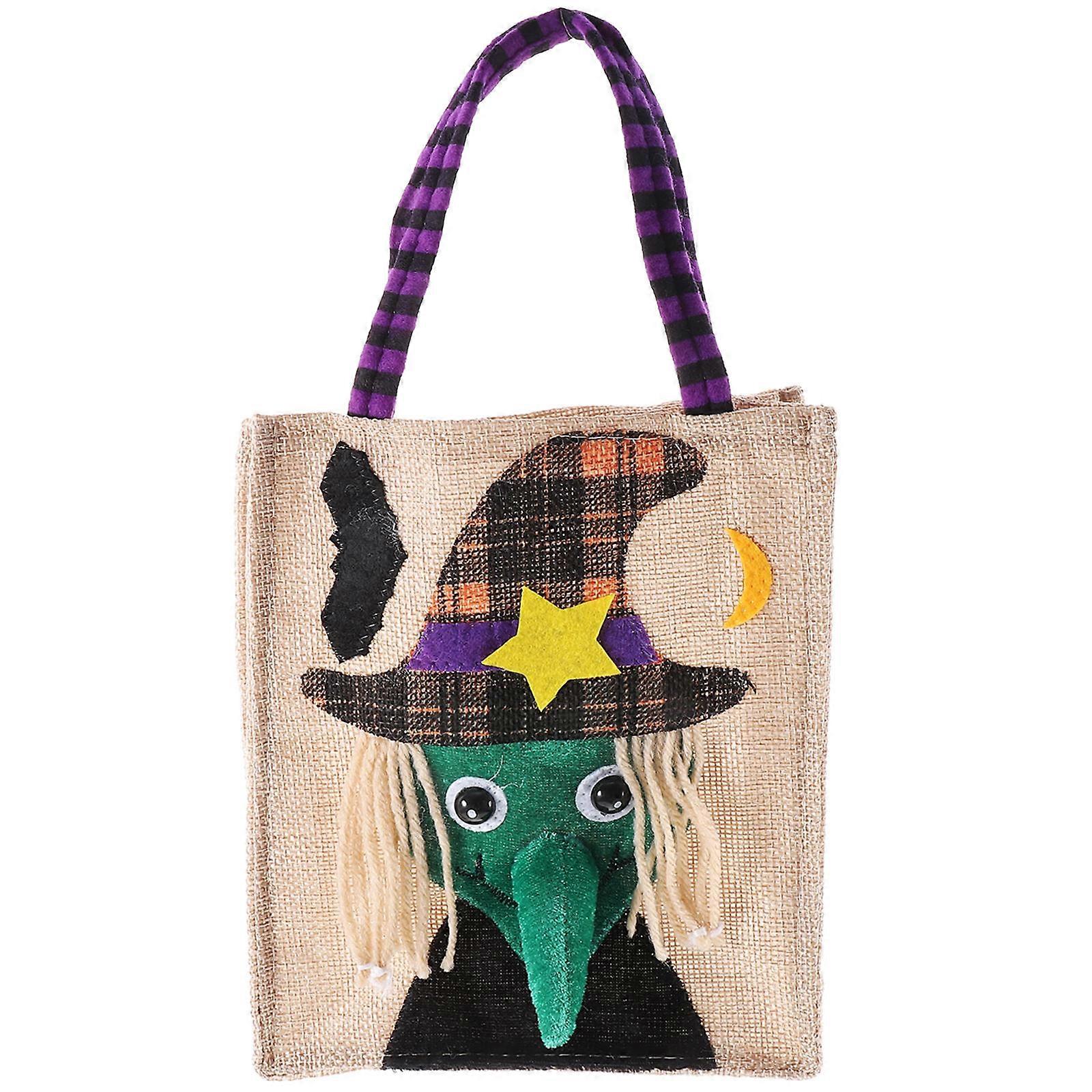 Halloween Witch Tote Bag with Cartoon Pattern Reusable Cloth Candy Pouch for Party Goodies, Sweets, and Gifts